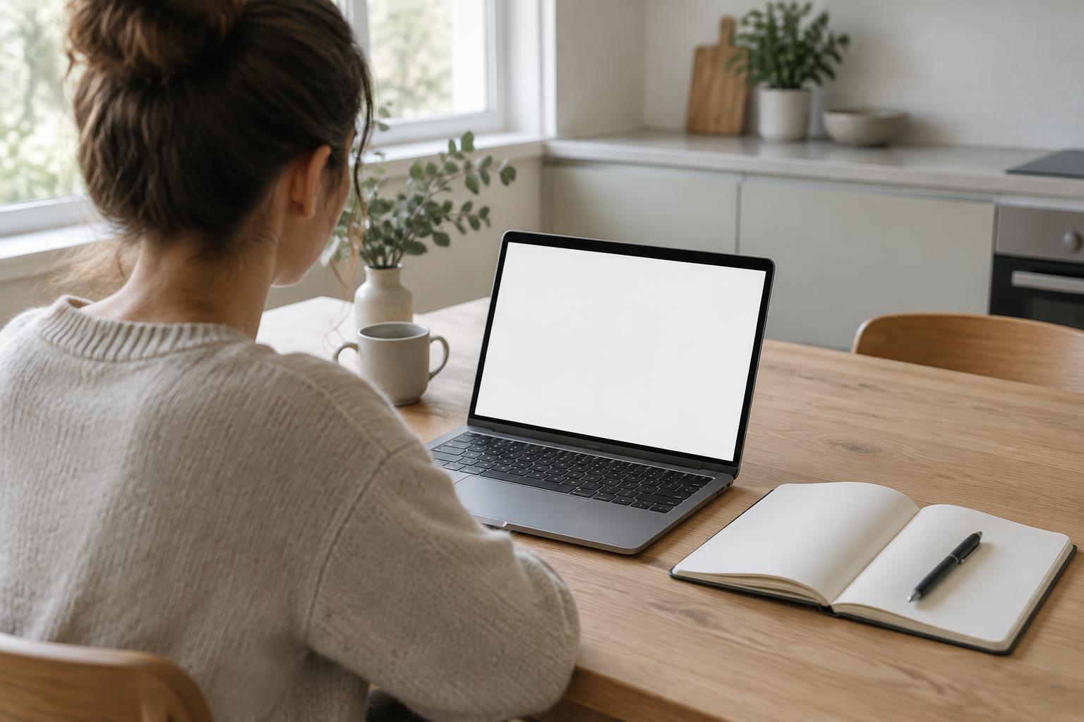 A person studying at a kitchen table with a laptop and a notebook